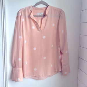 LOFT light pink and white polka dot long sleeve blouse. Size M.